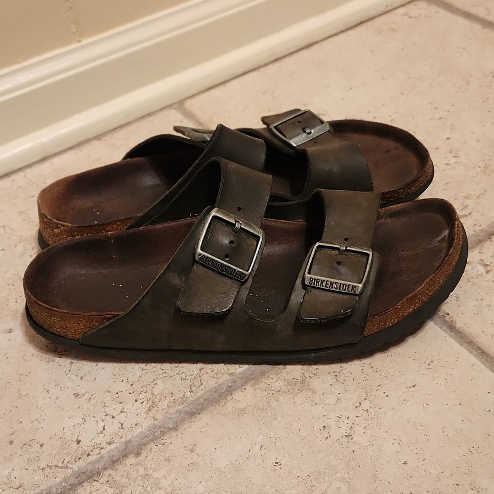 Birkenstock Women's "Arizona" Dark Gray & Brown Slide Sandals Size 10.5-11